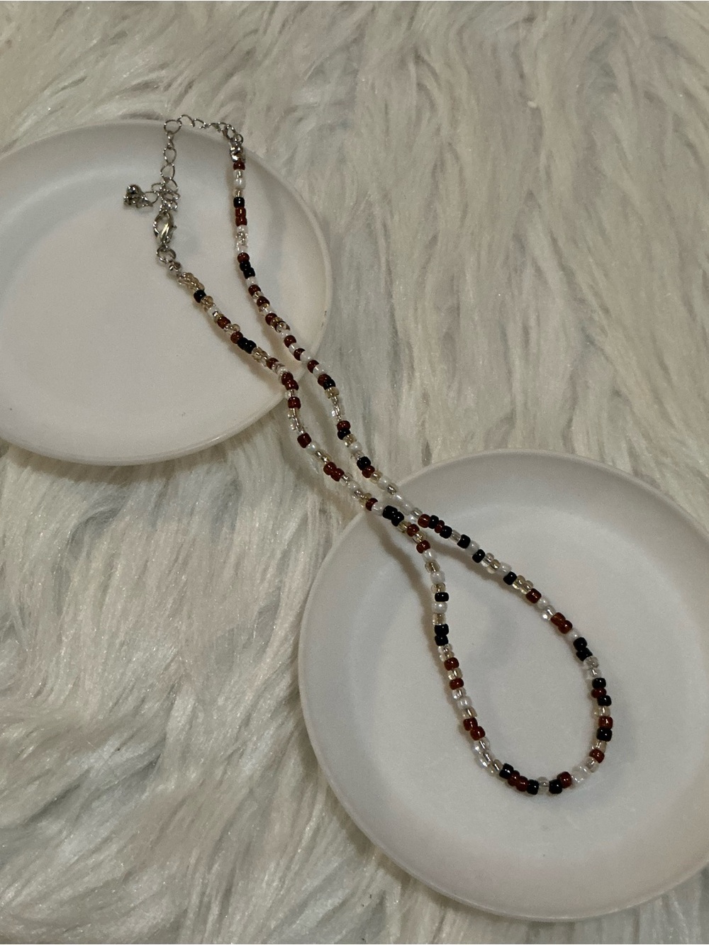 Brown, white, black seed bead collar necklace